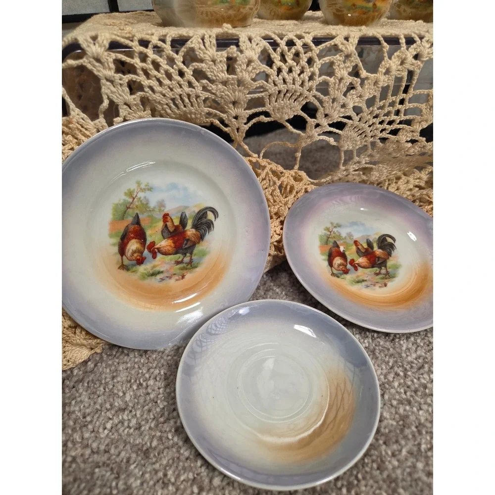 Vintage Germany 282 Lusterware Rooster Tea Set Miniature Sugar Bowl Cups Plates